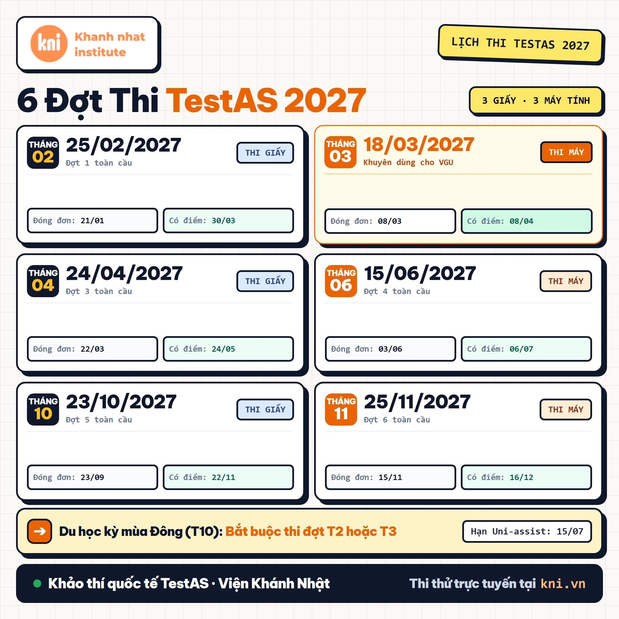 Bảng lịch thi TestAS 2027 chính thức chi tiết mới nhất